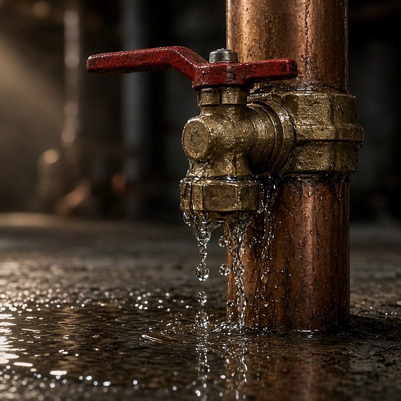 Water dripping from a brass shutoff valve onto a wet floor