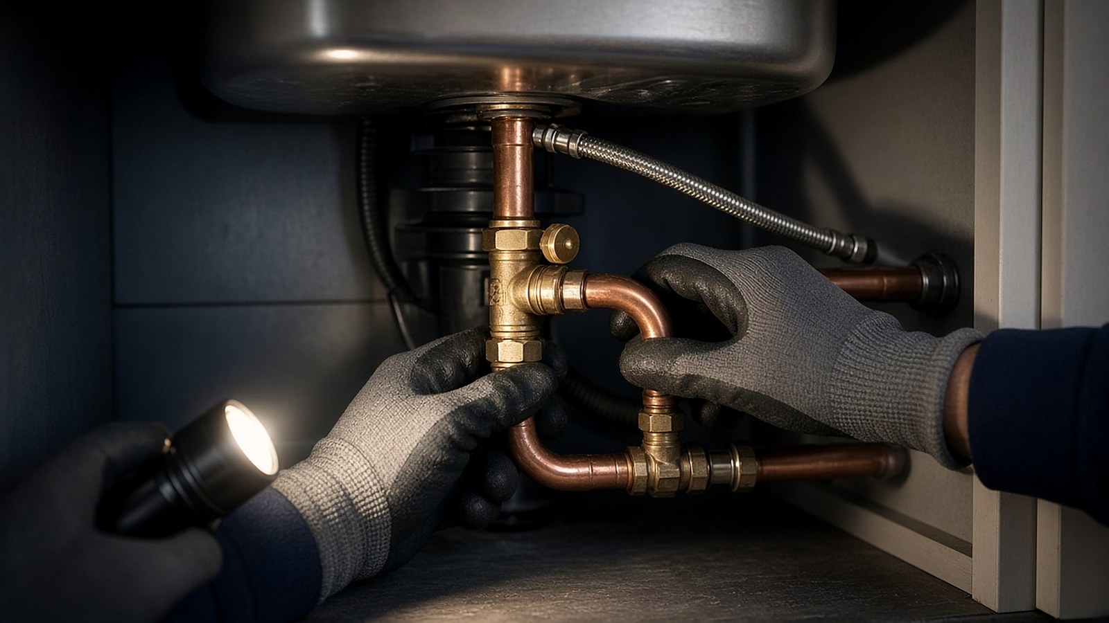 Gloved hands with a flashlight tightening a brass valve under a water heater