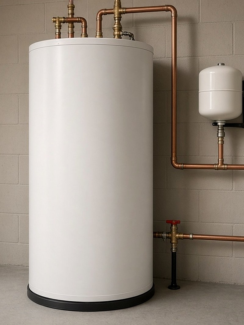 Tank water heater with copper supply lines in a clean garage